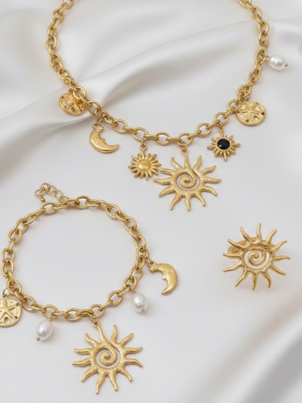 Gold Sun Charm Necklace and Bracelet Set with Pearls - Women Jewelry